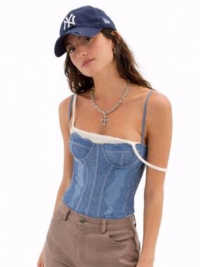 Out From Under Slate Blue Lace-Trim Corset Bustier Top – Size XL EUC